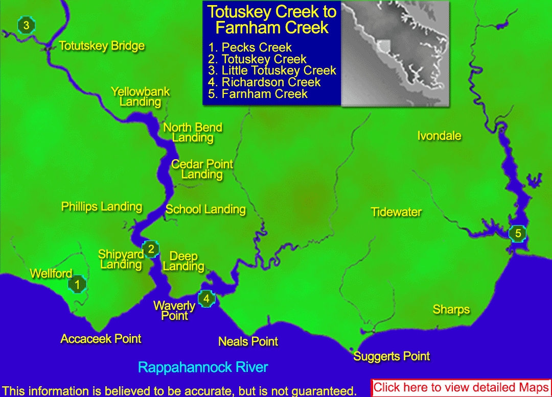 Map Featuring resources, maps, charts, satellite images of Totuskey Creek to Farnham Creek area in the Northern Neck of Virginia